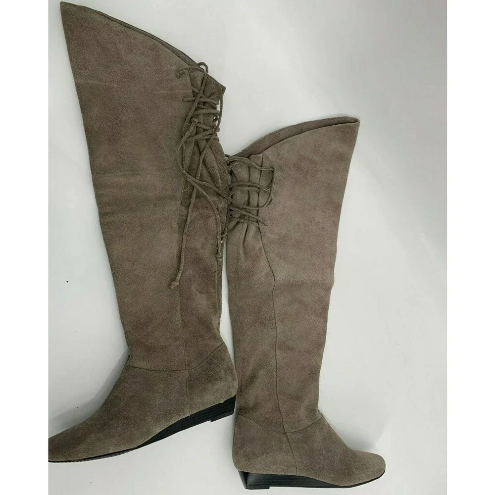 International Concepts INC Women’s Size 6 Knee High Gray Suede Boots Lace Back